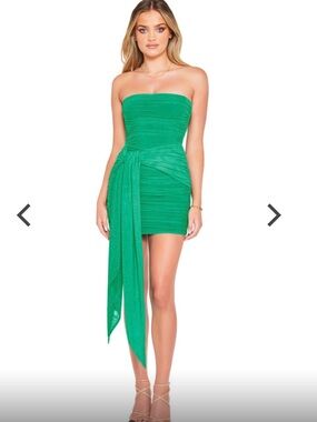 Nookie Strapless Ruched Mini Dress in Green with Side Draped Tie
